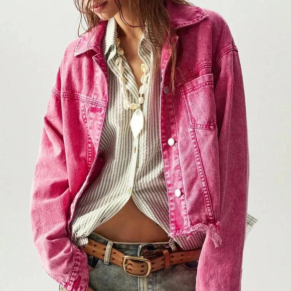 Hot Pink Casual Women's Loose Fit Dropped Shoulder Long Sleeve Washed Jacket - Picture 2 of 8